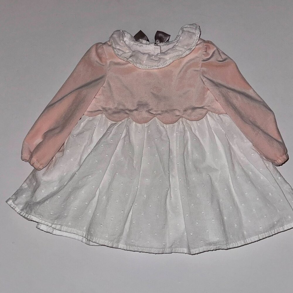 Shabby Chic Baby Girl 6-9M Pink & White Dress Long Sleeve velour Easter!
